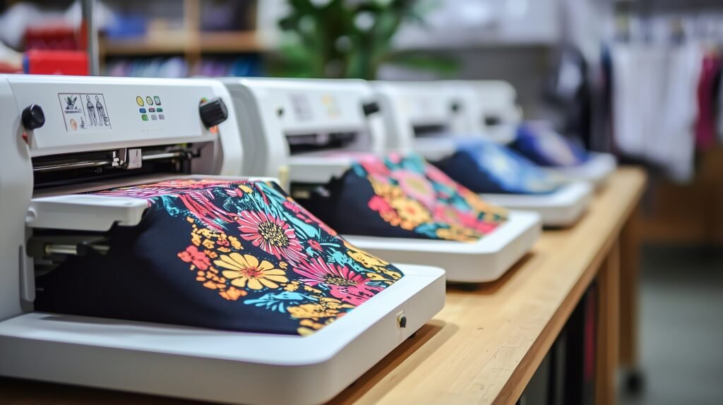 Sublimation printers printing vibrant floral patterns on fabric, showcasing dtf technology for textile design.